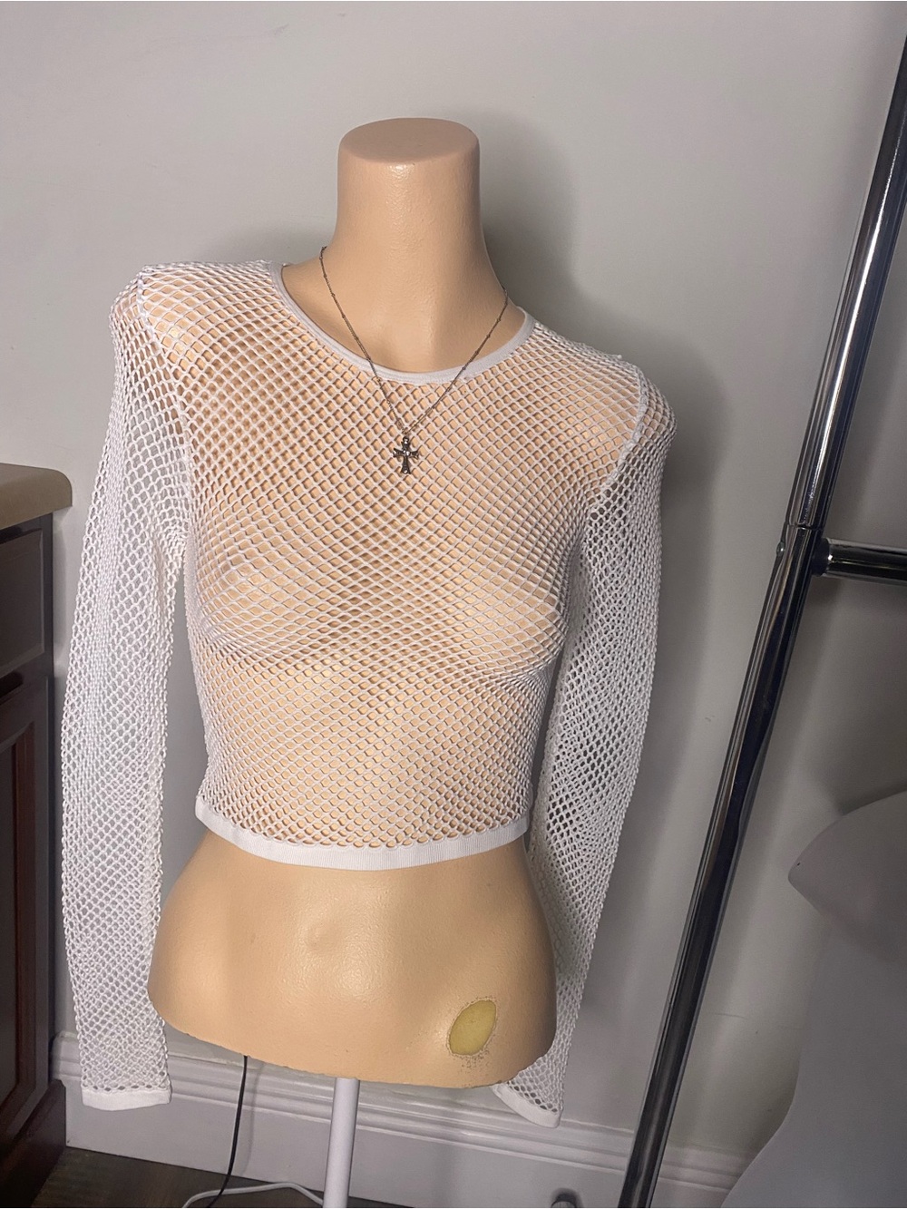 Love White Long-Sleeve Fishnet Crop Top